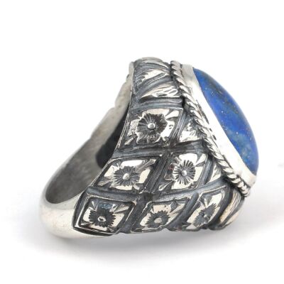 925 Ayar Gümüş Gerçek Lapis Taşlı Çiçek Desenli El Kalemli Erkek Yüzüğü - 4