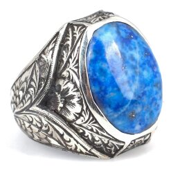 925 Ayar Gümüş Gerçek Lapis Taşlı V Model El Kalemli Erkek Yüzüğü - 3