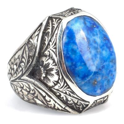 925 Ayar Gümüş Gerçek Lapis Taşlı V Model El Kalemli Erkek Yüzüğü - 3