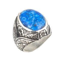 925 Ayar Gümüş Gerçek Lapis Taşlı V Model El Kalemli Erkek Yüzüğü - Nusrettaki