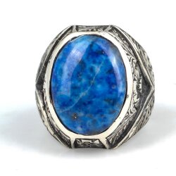 925 Ayar Gümüş Gerçek Lapis Taşlı V Model El Kalemli Erkek Yüzüğü - 4