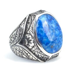 925 Ayar Gümüş Gerçek Lapis Taşlı V Model El Kalemli Erkek Yüzüğü - Nusrettaki (1)