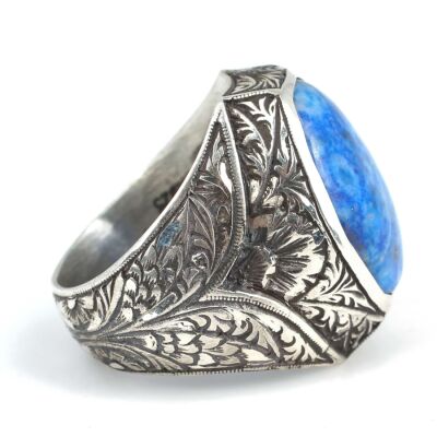 925 Ayar Gümüş Gerçek Lapis Taşlı V Model El Kalemli Erkek Yüzüğü - 5