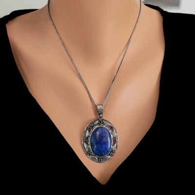 925 Ayar Gümüş Gerçek Lapis Taşlı Yapraklı Kolye Ucu - 2