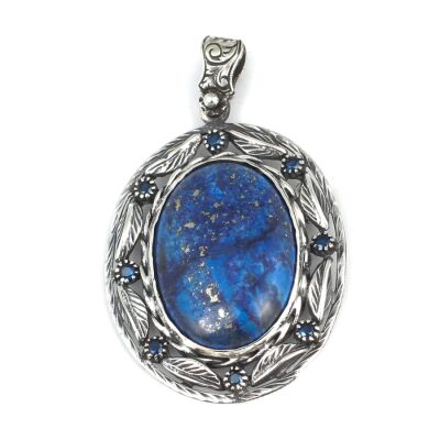 925 Ayar Gümüş Gerçek Lapis Taşlı Yapraklı Kolye Ucu - 3