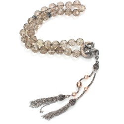 Nusrettaki - 925 Ayar Gümüş Gerçek Smoky Quartz Taşlı Küre Kesim Tasarım Tesbih, Ay Yıldız Püskül