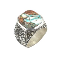925 Ayar Gümüş Gerçek Turkuaz Taşlı Köşeli Model El Kalemli Erkek Yüzüğü - Nusrettaki