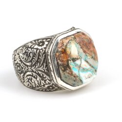 925 Ayar Gümüş Gerçek Turkuaz Taşlı Köşeli Model El Kalemli Erkek Yüzüğü - 2