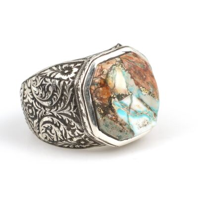 925 Ayar Gümüş Gerçek Turkuaz Taşlı Köşeli Model El Kalemli Erkek Yüzüğü - 2