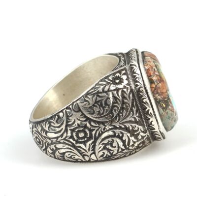 925 Ayar Gümüş Gerçek Turkuaz Taşlı Köşeli Model El Kalemli Erkek Yüzüğü - 3