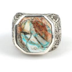 925 Ayar Gümüş Gerçek Turkuaz Taşlı Köşeli Model El Kalemli Erkek Yüzüğü - 4