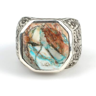 925 Ayar Gümüş Gerçek Turkuaz Taşlı Köşeli Model El Kalemli Erkek Yüzüğü - 4
