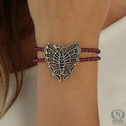 Silver Butterfly Bracelet with Garnet - Nusrettaki