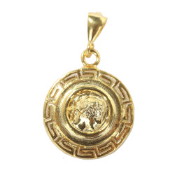 925 Ayar Gümüş Grek Desenli İskender Kafası Figürlü Madalyon Kolye Ucu - Thumbnail