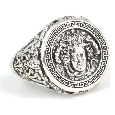 925 Ayar Gümüş Grek Desenli Medusa Kafası Model Yüzük - 3