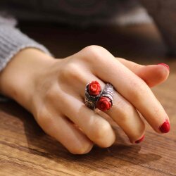 925 Ayar Gümüş Gül Mercan Taşlı Konstantinapol Tasarım Yüzük - 5