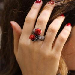 925 Ayar Gümüş Gül Mercan Taşlı Konstantinapol Tasarım Yüzük - 6