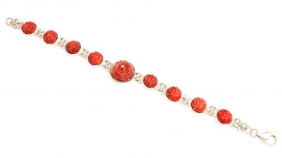 925 Sterling Silver Rose Model Bracelet with Coral - 1