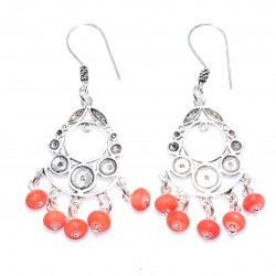 925 Silver Spiral Pattern Red Coral Stoned Dangle Filigree Earrings - Nusrettaki
