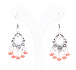 925 Silver Spiral Pattern Red Coral Stoned Dangle Filigree Earrings - Nusrettaki (1)