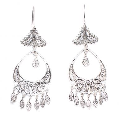 925 Sterling Silver New Moon Design Dangle Filigree Earrings - 1