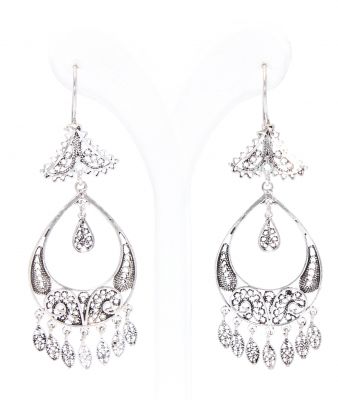 925 Sterling Silver New Moon Design Dangle Filigree Earrings - 2