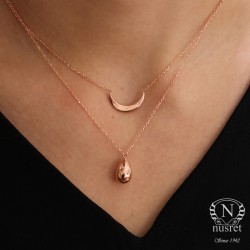 Sterling Silver Crescent & Drop Double Necklace, Rose Gold Vermeil - Nusrettaki