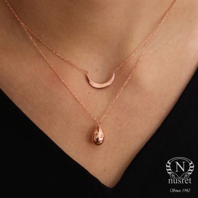 Sterling Silver Crescent & Drop Double Necklace, Rose Gold Vermeil - 1