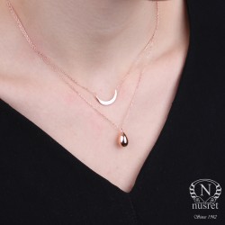 Sterling Silver Crescent & Drop Double Necklace, Rose Gold Vermeil - Nusrettaki (1)