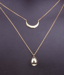 Sterling Silver Crescent & Drop Double Necklace, Gold Vermeil - Nusrettaki (1)