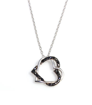 925 Ayar Gümüş Siyah Taşlı İç içe Kalp Kolye - 10