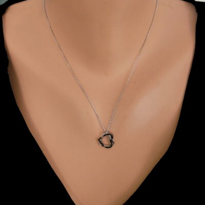 925 Ayar Gümüş Siyah Taşlı İç içe Kalp Kolye - 3