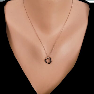 925 Ayar Gümüş Siyah Taşlı İç içe Kalp Kolye - 1