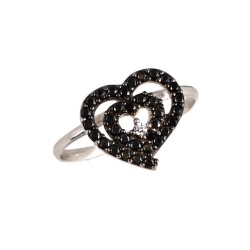 925 Sterling Silver Heart in Heart Ring with Black CZ - Nusrettaki