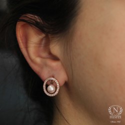925 Rose Silver Pink Pearls Hoop Dangle Earrings - Nusrettaki