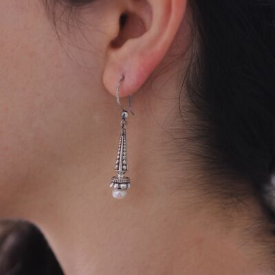 925 Ayar Gümüş İnci Taşlı Buket Tasarım Küpe - 1