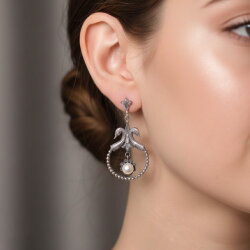 925 Ayar Gümüş İnci Taşlı Kuğulu Antik Küpe - Nusrettaki