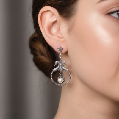 925 Ayar Gümüş İnci Taşlı Kuğulu Antik Küpe - 1