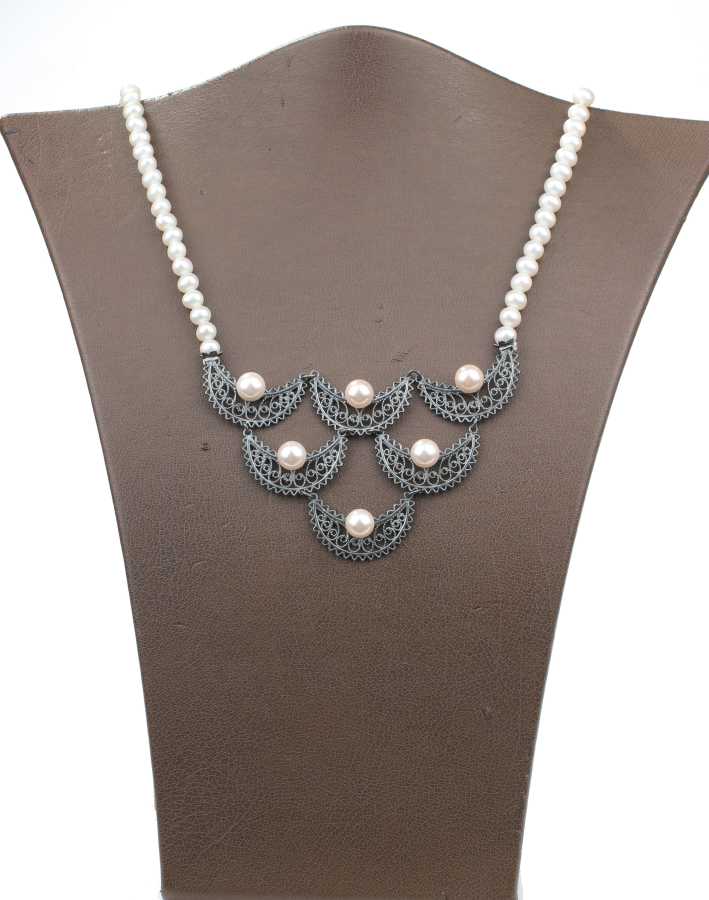 925 Ayar Gümüş İnci Taşlı Telkari Kolye NUSRETTAKI