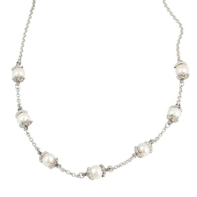 925 Ayar Gümüş İncili Zincir Model Kolye - 1