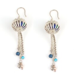 925 Silver Cage Ball Colorful Stoned Dangle Earrings - Nusrettaki