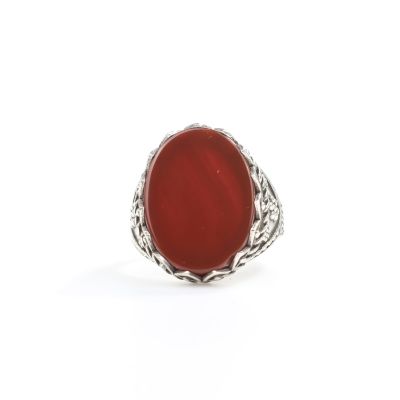 925 Ayar Gümüş Kahverengi Oval Akik Taşlı Erkek Yüzüğü - 2