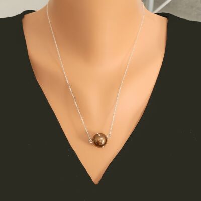 925 Ayar Gümüş 14 mm Kahverengi Renkli İncili Üzeri Zirkon Taşlı Kolye - 1