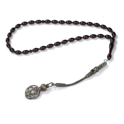 925 Ayar Gümüş Kahverengi Renkli Sıkma Kehribar Tesbihi - 1