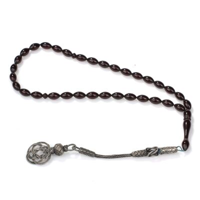 925 Ayar Gümüş Kahverengi Renkli Sıkma Kehribar Tesbihi - 2