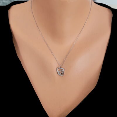 925 Ayar Gümüş Kalemli Çift Kalp Kolye, Beyaz - Beyaz Taş - 4