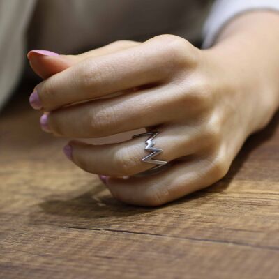 925 Ayar Gümüş Kalın Zikzak Yüzük, Beyaz - 1