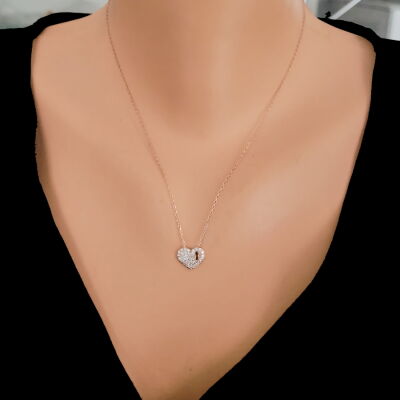 925 Ayar Gümüş Kalp Anahtar Deliği Kolye, Beyaz Taş - 3