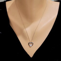 Nusrettaki - Sterling Silver Heart in Heart Necklace with White Cz