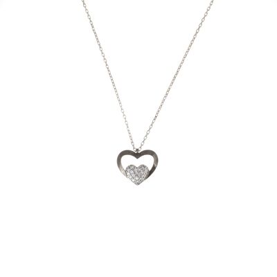 Sterling Silver Heart in Heart Necklace with White Cz - 2